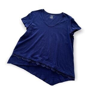 Westbound | Navy Blue Asymmetrical Lace Trim Short Sleeve T-Shirt Medium Petites